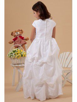 Taffeta Jewel Floor Length Ball Gown Flower Girl Dress with Embroidered and Cap-Sleeves