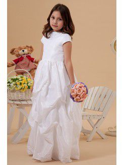 Taffeta Jewel Floor Length Ball Gown Flower Girl Dress with Embroidered and Cap-Sleeves
