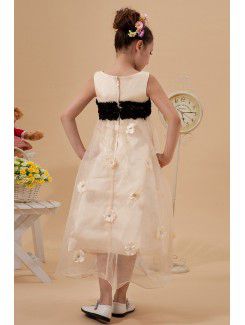 Organza and Satin Bateau Tea-length A-line Flower Girl Dress with Crystals