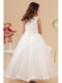 Satin and Organza Jewel Floor Length A-Line Flower Girl Dress with Embroidered