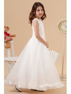Satin and Organza Jewel Floor Length A-Line Flower Girl Dress with Embroidered