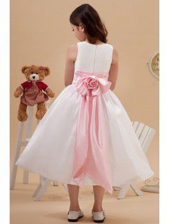 Taffeta Jewel Tea-Length Ball Gown Flower Girl Dress with Manual Flower