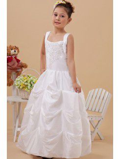 Taffeta Square Floor Length Ball Gown Flower Girl Dress with Embroidered