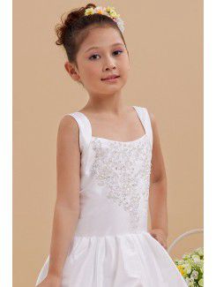 Taffeta Square Floor Length Ball Gown Flower Girl Dress with Embroidered