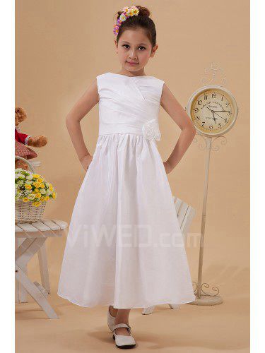Taffeta Jewel Ankle-Length A-Line Flower Girl Dress with Hand-made Flower