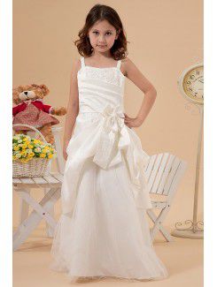 Satin and Tulle Straps Floor Length A-line Flower Girl Dress with Embroidered