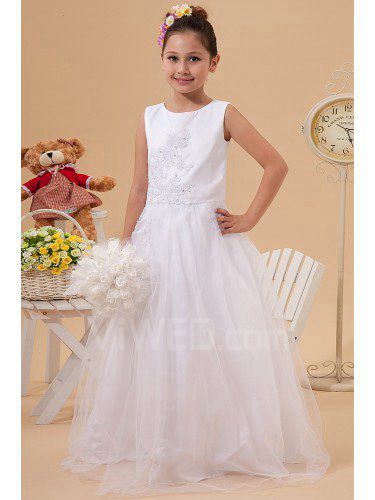 Satin and Tulle Jewel Floor Length A-Line Flower Girl Dress