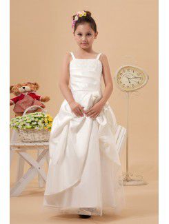Satin Spaghetti Straps Ankle-Length A-Line Flower Girl Dress with Embroidered