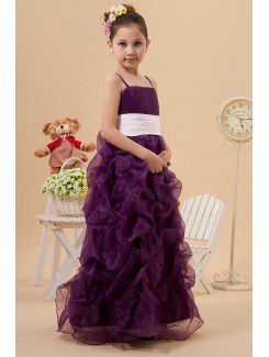 Satin Organza Spaghetti Straps Ankle-Length A-line Flower Girl Dress with Ruffle