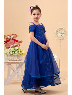 Organza Straps Ankle-Length A-line Flower Girl Dress with Embroidered and Short Sleeves
