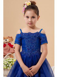 Organza Straps Ankle-Length A-line Flower Girl Dress with Embroidered and Short Sleeves