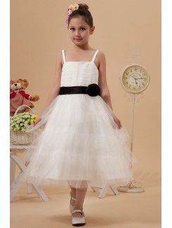 Satin and Mesh Straps Tea-Length A-line Flower Girl Dress with Hand-made Flower