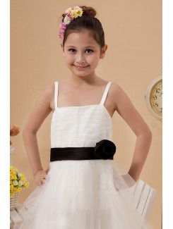 Satin and Mesh Straps Tea-Length A-line Flower Girl Dress with Hand-made Flower