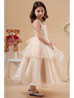 Tulle Straps Tea-Length A-line Flower Girl Dress with Bow