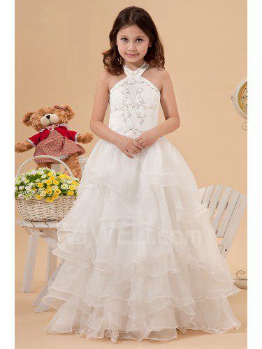 Satin and Organza Halter Floor Length A-Line Flower Girl Dress with Embroidered and Ruffle