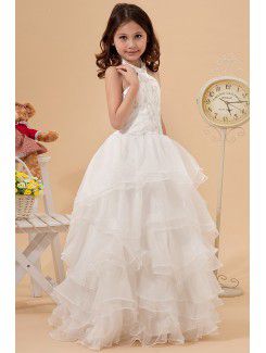 Satin and Organza Halter Floor Length A-Line Flower Girl Dress with Embroidered and Ruffle