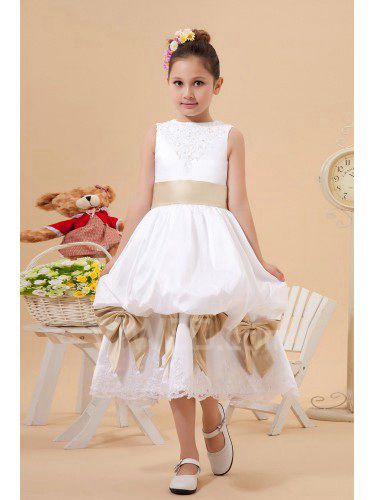 Satin and Lace Jewel Tea-Length A-Line Flower Girl Dress with Bow