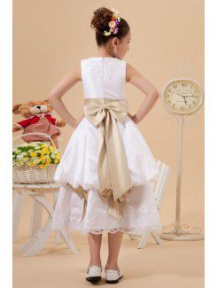 Satin and Lace Jewel Tea-Length A-Line Flower Girl Dress with Bow