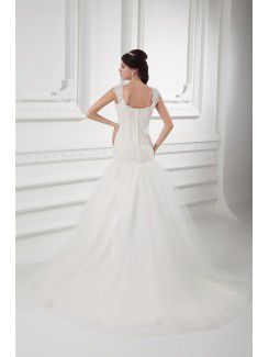 Satin and Net Straps A-line Floor Length Embroidered Wedding Dress