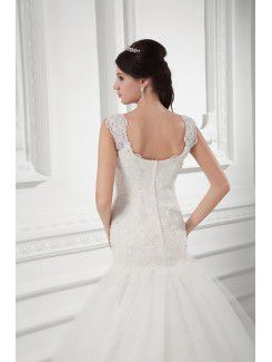 Satin and Net Straps A-line Floor Length Embroidered Wedding Dress
