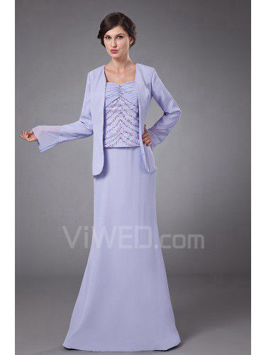Chiffon Straps Floor Length Column Mother Of The Bride Dress with Ruffle