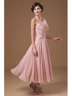 Chiffon Halter Tea-length Column Mother Of The Bride Dress with Sequins and Ruffle