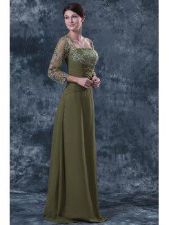 Chiffon and Lace Square Floor Length Column Mother Of The Bride Dress with Three-quarter Sleeves