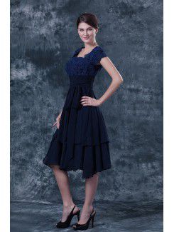 Chiffon and Lace Square Knee-Length A-line Mother Of The Bride Dress with Cap-Sleeves