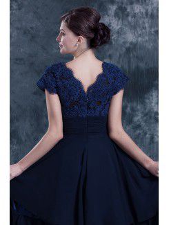 Chiffon and Lace Square Knee-Length A-line Mother Of The Bride Dress with Cap-Sleeves