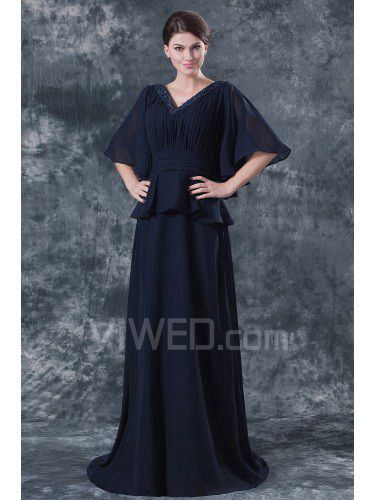 Chiffon V-Neckline Sweep Train Column Mother Of The Bride Dress with Beading