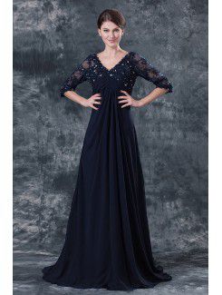Chiffon V-Neckline Sweep Train A-line Mother Of The Bride Dress with Three quarter Sleeves