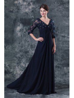 Chiffon V-Neckline Sweep Train A-line Mother Of The Bride Dress with Three quarter Sleeves