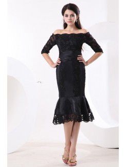 Taffeta and Lace Off-the-shoulder Knee-length Mermaid Mother Of The Bride Dress with Sequins and Half-Sleeves