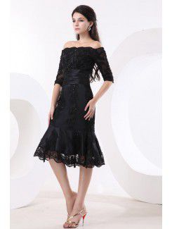 Taffeta and Lace Off-the-shoulder Knee-length Mermaid Mother Of The Bride Dress with Sequins and Half-Sleeves