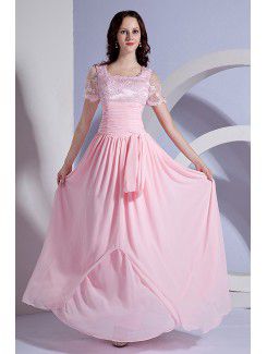Chiffon Square Floor Length Column Mother Of The Bride Dress with Embroidered and Short Sleeves