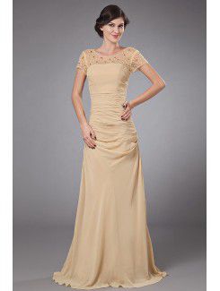 Chiffon Scoop Sweep Train A-line Mother Of The Bride Dress with Beading and Cap-Sleeves