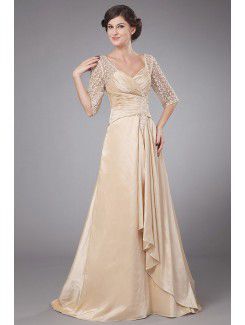 Taffeta V-Neck Sweep Train A-line Mother Of The Bride Dress with Embroidered and Ruched