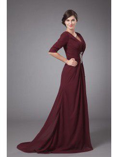 Chiffon V-Neckline Sweep Train A-line Mother Of The Bride Dress with Gathered Ruched