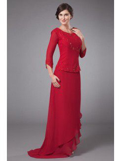 Chiffon Bateau Sweep Train Column Mother Of The Bride Dress with Beading Long Sleeves