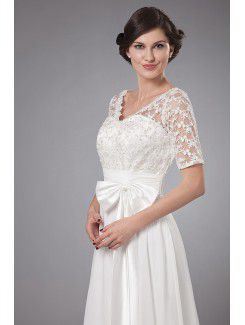 Chiffon V-Neckline Sweep Train A-line Mother Of The Bride Dress with Embroidered and Short Sleeves