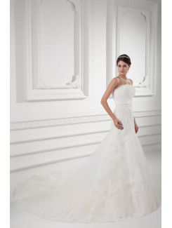 Satin and Net Strapless A-line Sweep Train Embroidered Wedding Dress