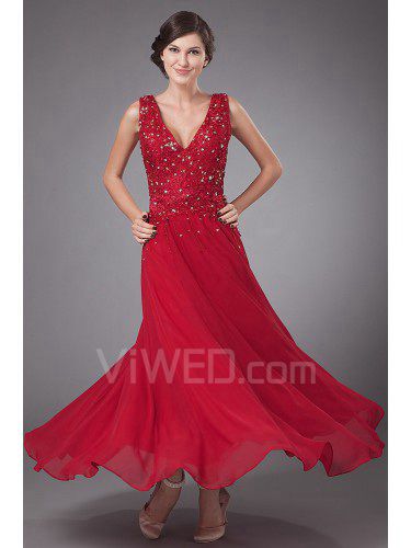 Chiffon V-Neckline Ankle-length A-line Mother Of The Bride Dress with Embroidered