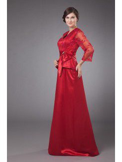 Satin and Lace V-Neckline Floor Length A-line Mother Of The Bride Dress with Bowtie