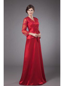 Satin and Lace V-Neckline Floor Length A-line Mother Of The Bride Dress with Bowtie