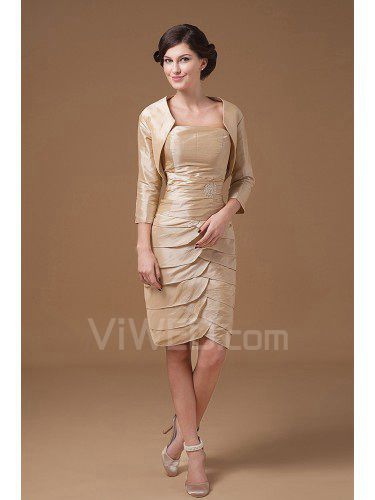 Satin Strapless Knee-Length Sheath Mother Of The Bride Dress with Rhinestones and Jacket