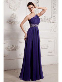 Chiffon One-Shoulder Floor Length A-line Evening Dress with Sequins and Ruffle