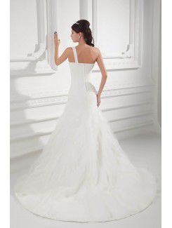 Organza One-Shoulder A-line Sweep Train Wedding Dress