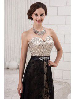 Satin and Chiffon Sweetheart Sweep Train A-line Evening Dress with Crystals