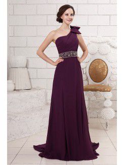 Chiffon One-Shoulder Sweep Train A-line Evening Dress with Bowknot