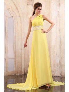 Chiffon One-Shoulder Chapel Train A-line Evening Dress with Sequins and Ruffle
